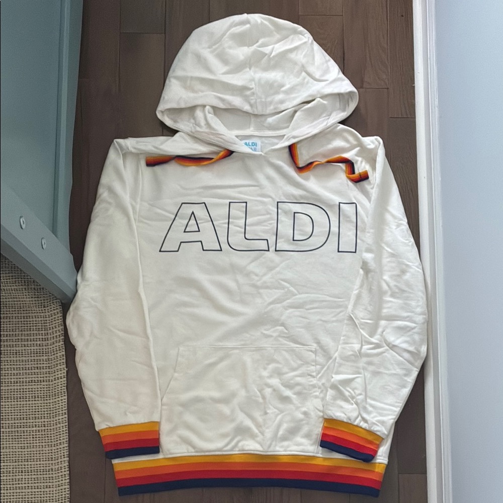 ALDI White Hoodie with Rainbow Accents
